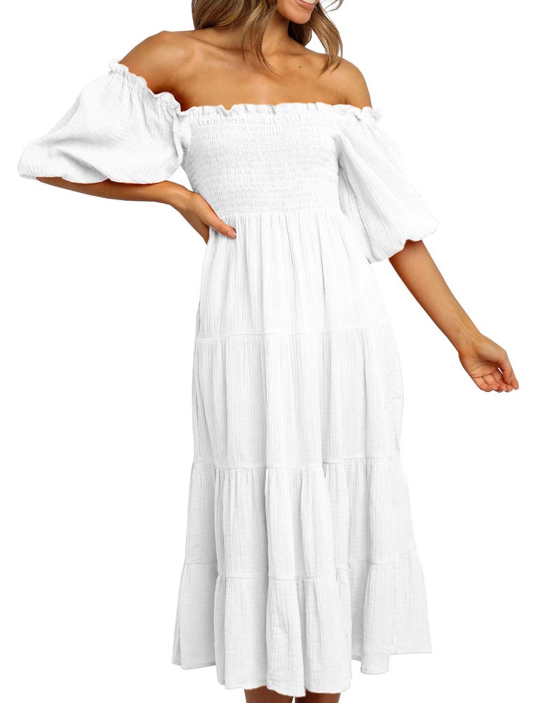 R.Vivimos Women's Summer Cotton Lantern Sleeves Ruffled Off Shoulder A-Line Midi Dresses (Large, White) - Image 1
